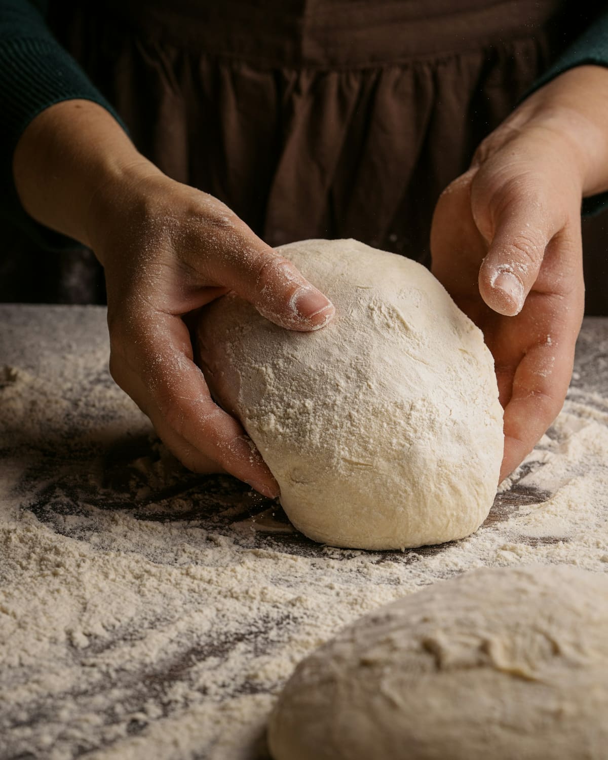 A baker's floured hands cradling a round of dough