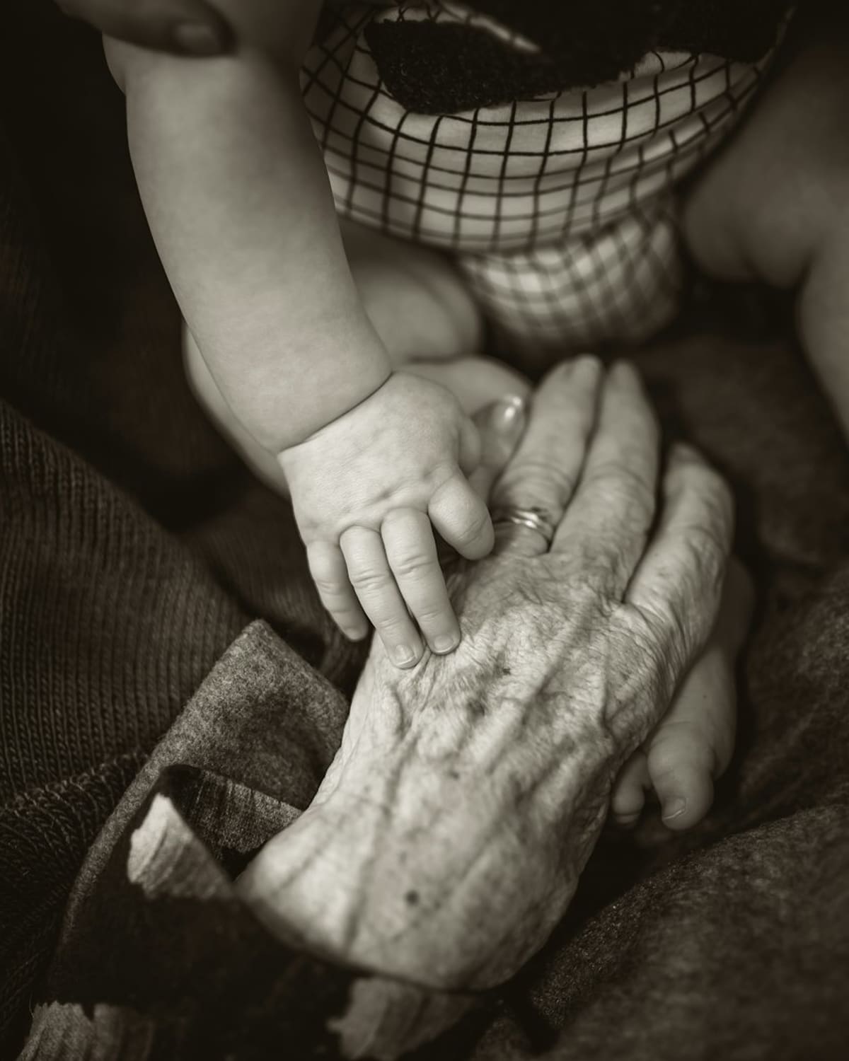 A baby's hand resting on an elder's weathered hand