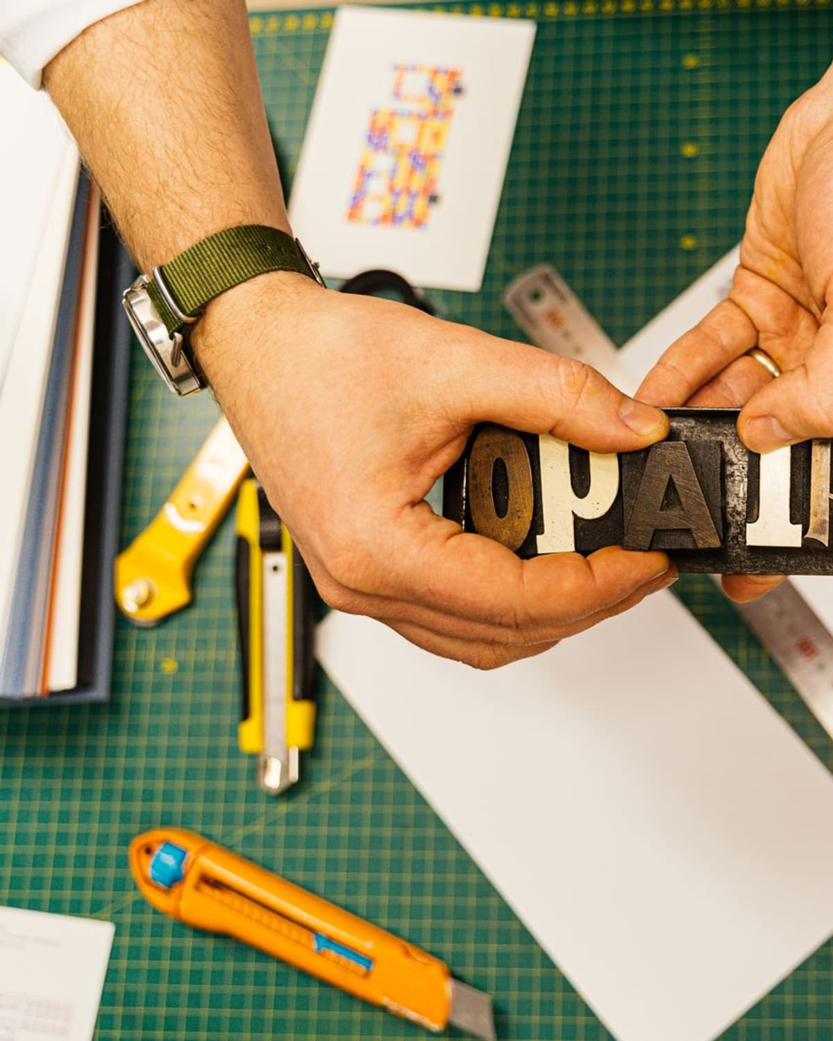 A letterpress printer's hands holding a row of wooden type